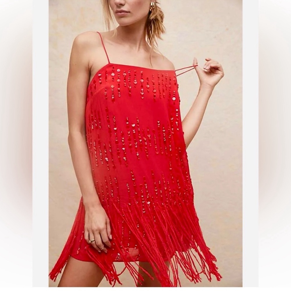 NWT FREE PEOPLE Crystal Clear Mini Dress  Size XL Red Fringe With Sequins